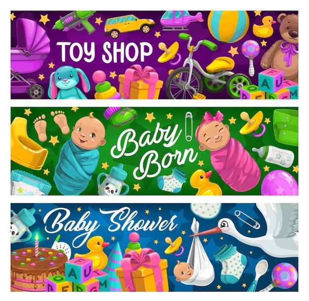 Banners de tienda de juguetes y productos para niños.