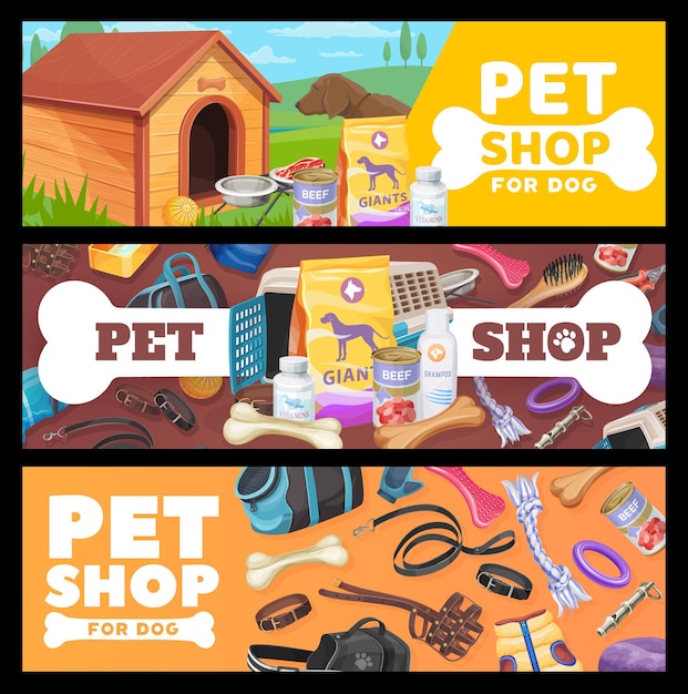 Banners de tiendas de mascotas, artículos para el cuidado de mascotas y juguetes. tarjetas de promoción de anuncios vectoriales con productos de la tienda del zoológico para cachorros de perrito. equipo para alimentación de animales domésticos, caseta, huesos y ropa, correa con bozal y collares