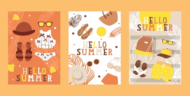 Banners de vacaciones de verano, ilustración. folleto de agencia de viajes, iconos simples de accesorios de moda de vacaciones.