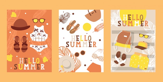Banners de vacaciones de verano, ilustración. Folleto de agencia de viajes, iconos simples de accesorios de moda de vacaciones.