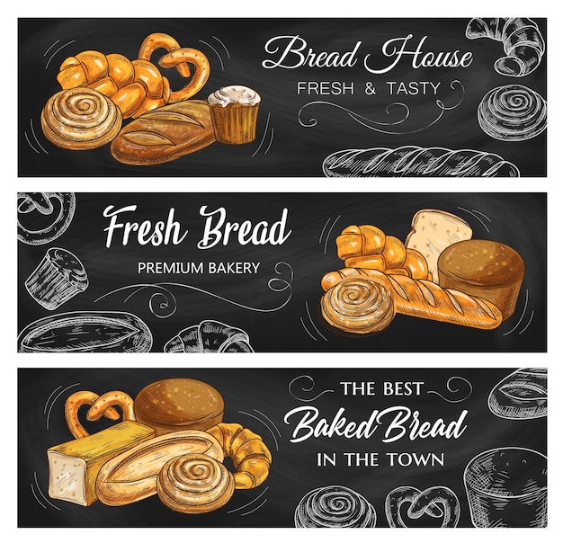 Vector banners de vector de boceto de pizarra de pan y pasteles