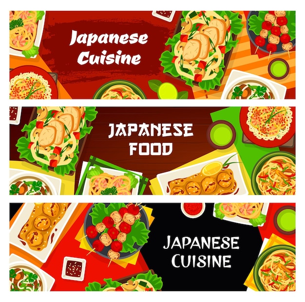 Banners de vector de cocina japonesa, comida de japón.