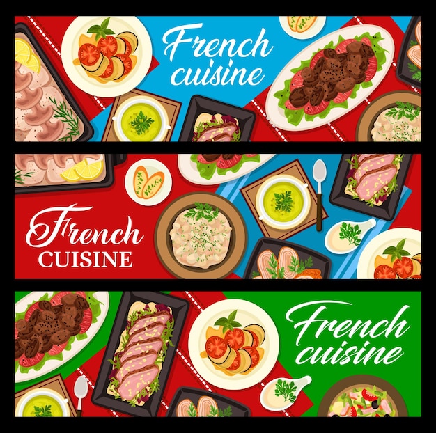 Banners de vector de comida de restaurante de cocina francesa