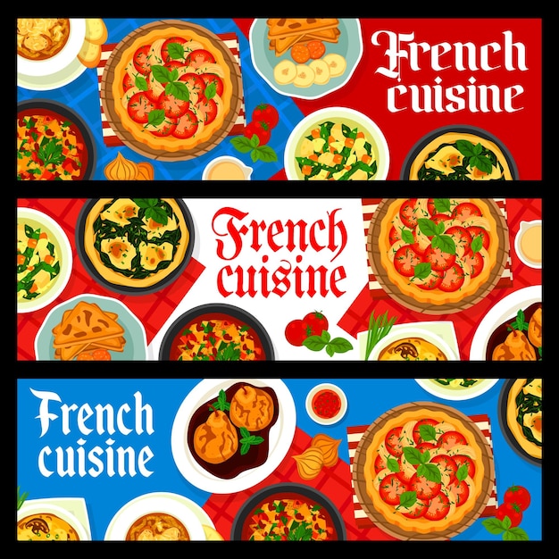 Banners de vector de comida de restaurante de cocina francesa