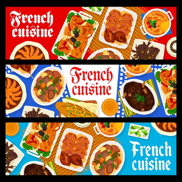 Banners de vector de comida de restaurante de cocina francesa