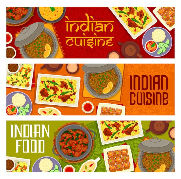 Vector banners de vector de menú de restaurante de platos de comida india