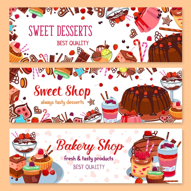 Banners de vector de panadería para tienda de postres dulces