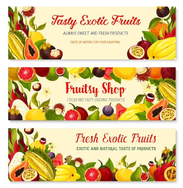 Vector banners vectoriales de exóticas frutas tropicales frescas