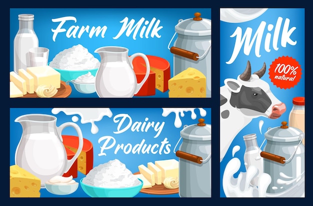 Vector banners vectoriales de productos lácteos y lácteos