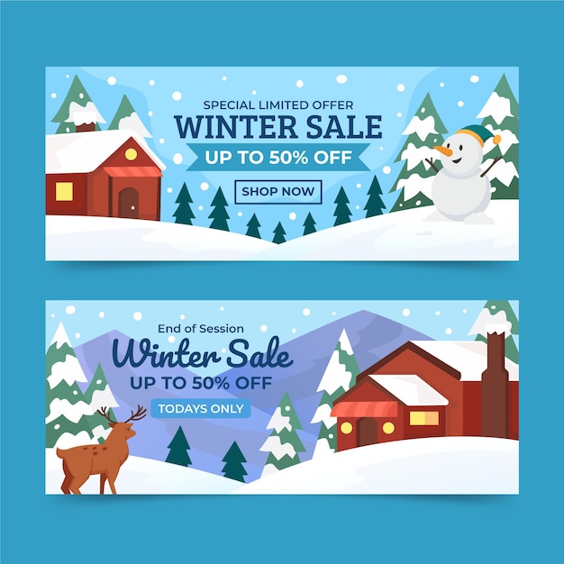 Vector banners de venta de invierno horizontales planas con casa en la nieve