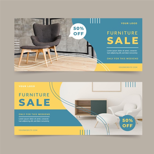 Vector banners de venta de muebles con descuento.