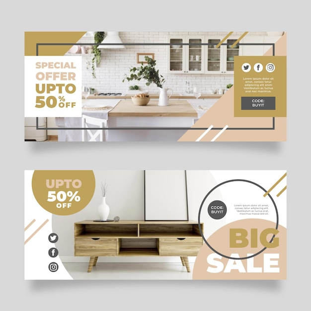 Vector banners de venta de muebles con foto.