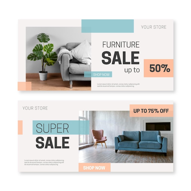 Vector banners de venta de muebles planos orgánicos con foto.