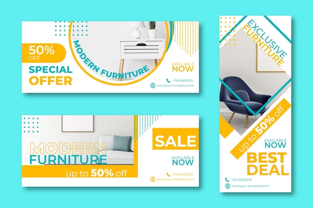 Vector banners de venta de oferta especial de muebles.