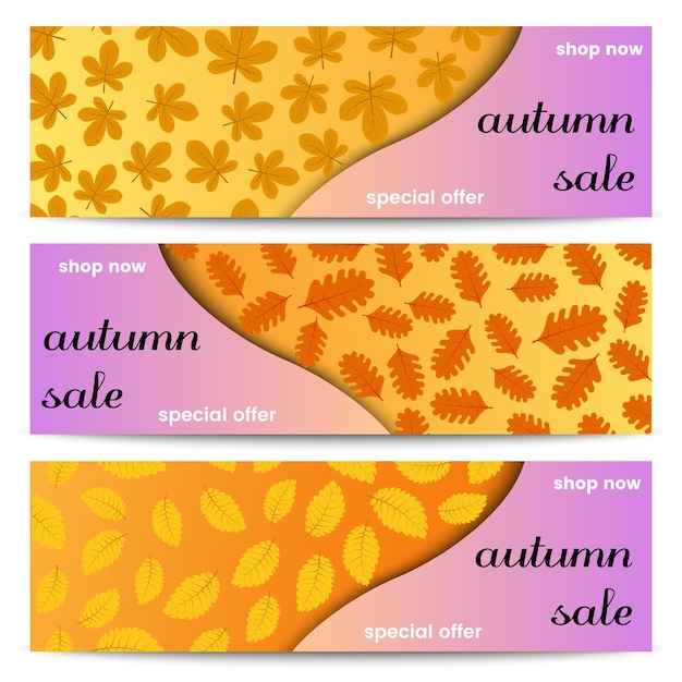 Banners de venta de otoño. tres pancartas de venta de otoño con hojas amarillas. ilustración vectorial.