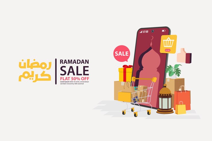 Vector banners de venta de ramadán en descuento móvil en línea con motivo del ramadán