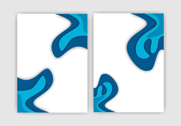 Banners verticales A4 con fondo abstracto 3D con ondas de corte de papel azul