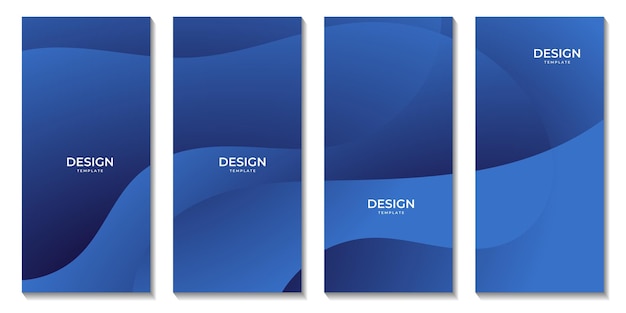 Banners verticales azules con un diseño ondulado en la parte inferior.