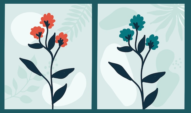 Banners verticales botánicos vectoriales con hojas y elementos ovalados en diferentes paletas de colores