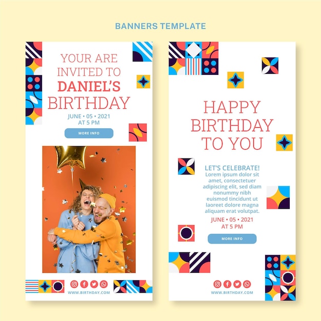 Vector banners verticales de cumpleaños de mosaico plano