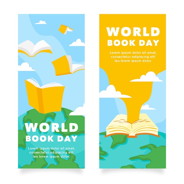 Vector banners verticales del día mundial del libro dibujados a mano