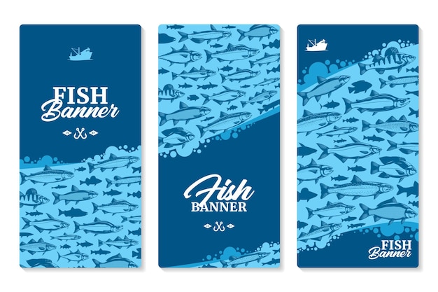 Banners verticales de peces con ilustraciones y siluetas de peces