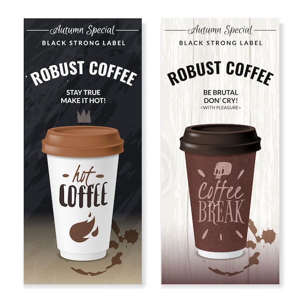 Banners verticales de tazas desechables de café realistas