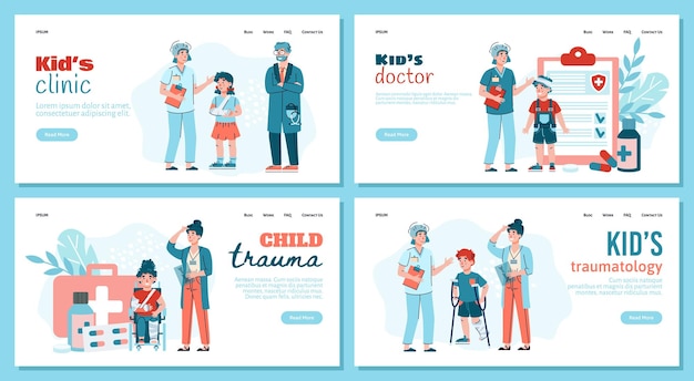 Banners web de la clínica de traumatología infantil con médicos infantiles y personajes de pacientes pequeños planos c