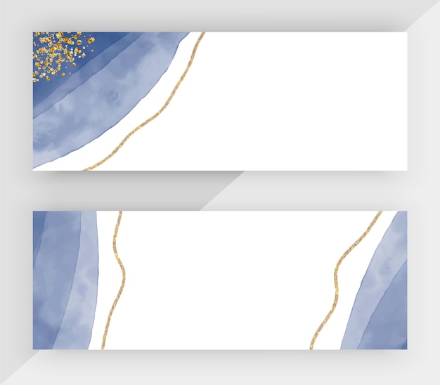 Banners web con formas de acuarela azul y textura de brillo dorado