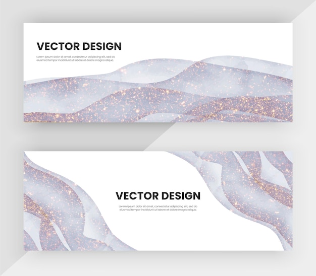 Banners web con formas de acuarela púrpura diseño vectorial de textura de brillo dorado