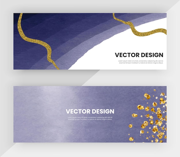 Banners web horizontales con textura azul acuarela y brillo dorado