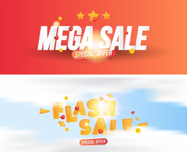 Banners web Mega Sale con oferta especial. Inscripción de fuente con elementos de luces.