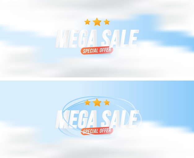 Banners web Mega Sale con oferta especial. Inscripción de fuente con elementos de luces.