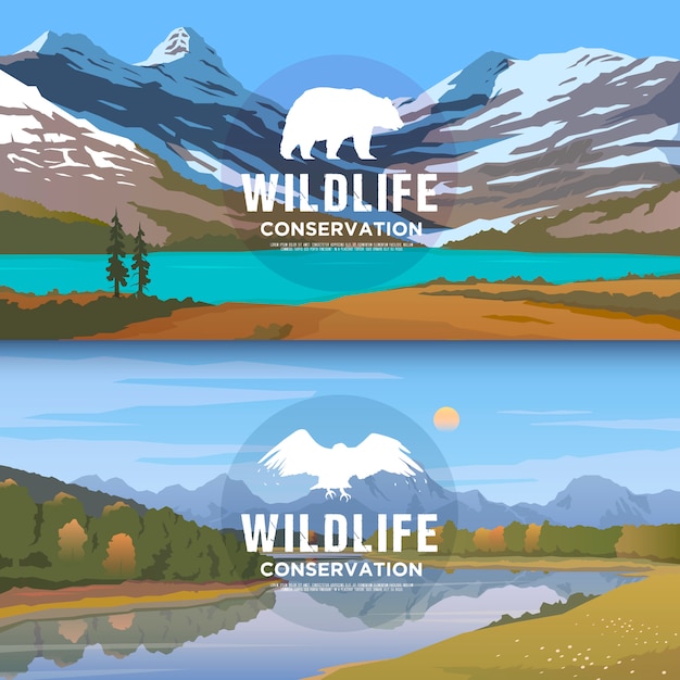 banners web sobre temas de animales salvajes de América, supervivencia en la naturaleza, caza, camping, viajes. Paisaje de montaña. Conservacion de vida salvaje.