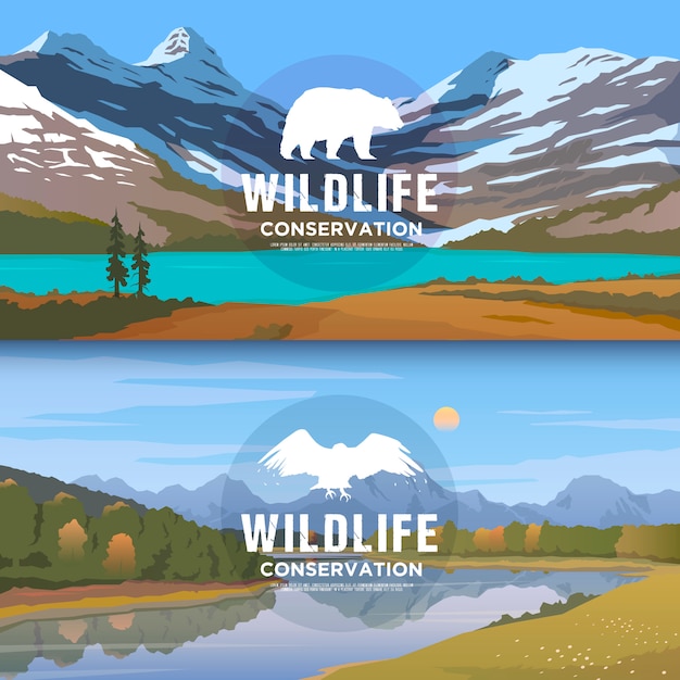 Vector banners web sobre temas de animales salvajes de américa, supervivencia en la naturaleza, caza, camping, viajes. paisaje de montaña. conservacion de vida salvaje.