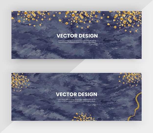 Banners web con textura azul acuarela y brillo dorado Diseño vectorial