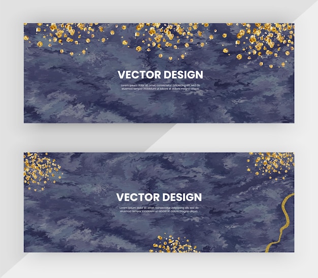 Banners web con textura azul acuarela y brillo dorado diseño vectorial