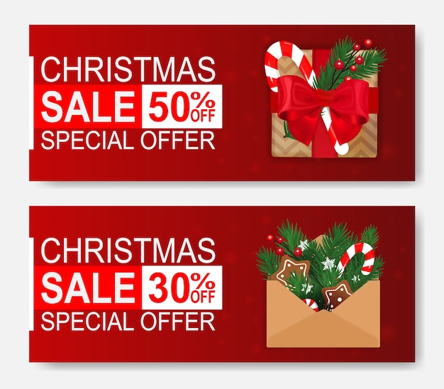 Banners de web de venta de Navidad con regalo y carta.