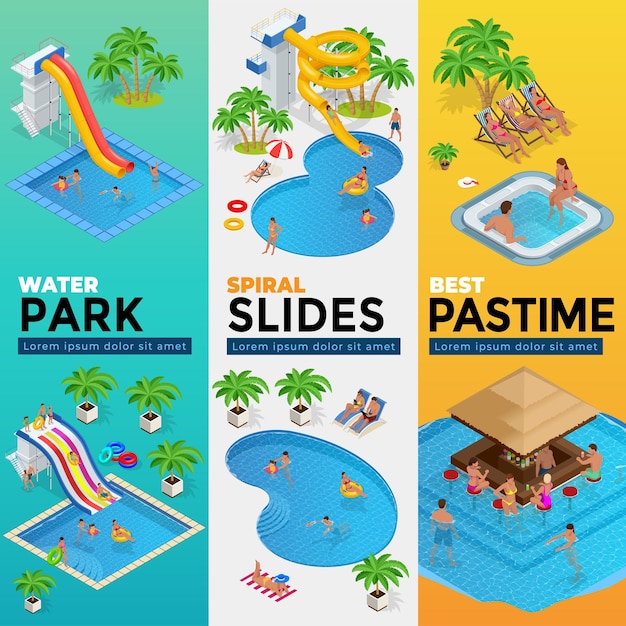 Banners web verticales de aquapark con diferentes toboganes de agua, parque acuático familiar, tubos de colinas y piscinas ilustración vectorial isométrica. diseño para web, sitio, publicidad, pancarta, afiche, tablero e impresión.