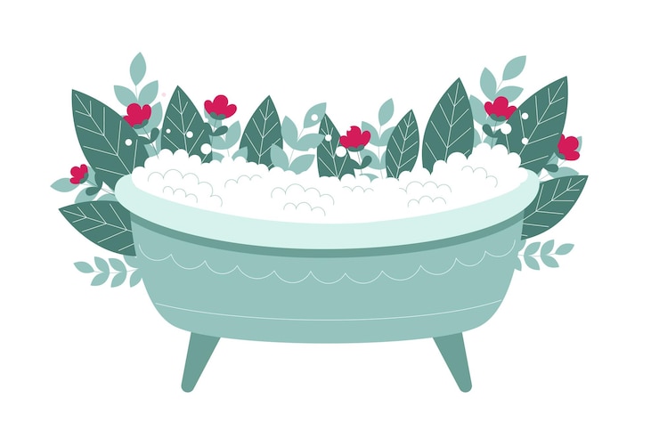 Vector baño botánico con espuma blanca y plantas frescas concepto de relajación de spa con flores naturales cuidado personal