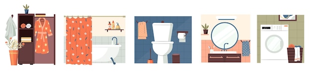 Vector baño de dibujos animados e interiores de aseo baño con lavabo y ducha lavabo minimalista con estantes y gabinete de estilo plano ilustración vectorial