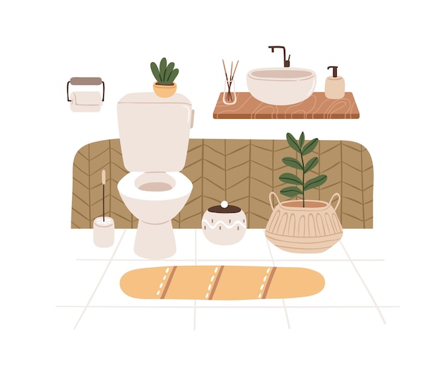 Vector baño, diseño de interiores de inodoros domésticos. retrete moderno con cuenco, lavabo, plantas de interior, muebles. cuarto de baño en estilo scandi. ilustración de vector plano aislado sobre fondo blanco