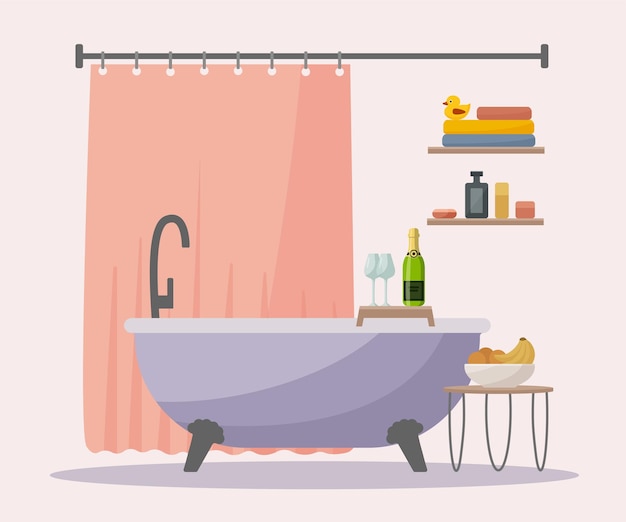 Baño elegante en estilo vectorial plano Accesorios champú gel de ducha estante de jabón taburete jarrón