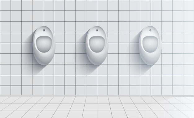 Vector baño de hombres wc ilustración realista baño público masculino baño contemporáneo interior sin personas baño desocupado vacío baño urinarios de cerámica montados en la pared con botones de descarga