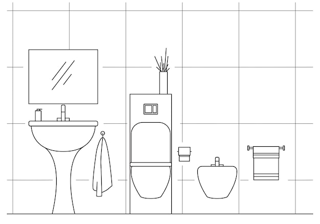 Vector baño lavabo inodoro bidé ilustración vectorial en un estilo lineal