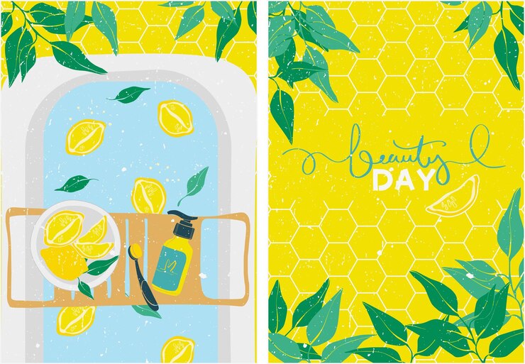 Vector baño con limones y hojas lavado facial baño decorado para una velada agradable cuidado personal spa en casa