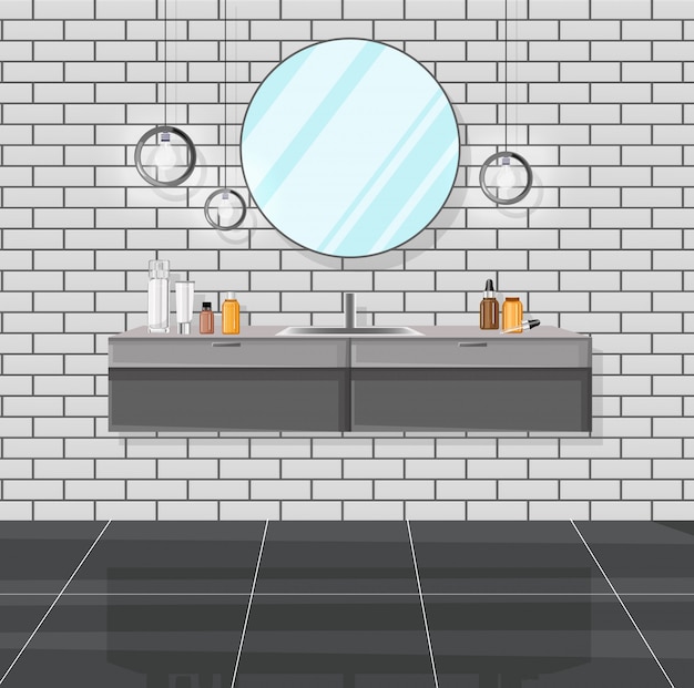 Vector baño moderno con lavabo, espejo y varios productos cosméticos.