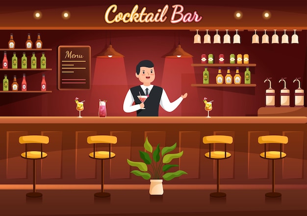 Bar de cócteles o club nocturno con bebidas alcohólicas de jugo de frutas o ilustración de cócteles