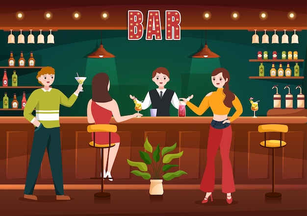Bar de cócteles o club nocturno con bebidas alcohólicas de jugo de frutas o ilustración de cócteles