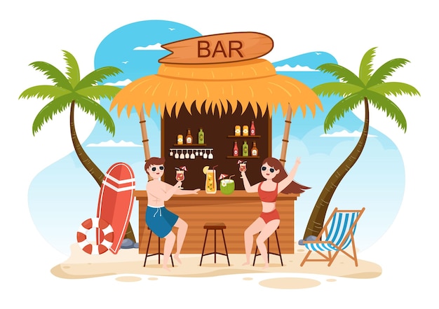 Bar de cócteles tropicales que sirve bebidas alcohólicas de jugo de frutas o cócteles junto al mar Ilustración